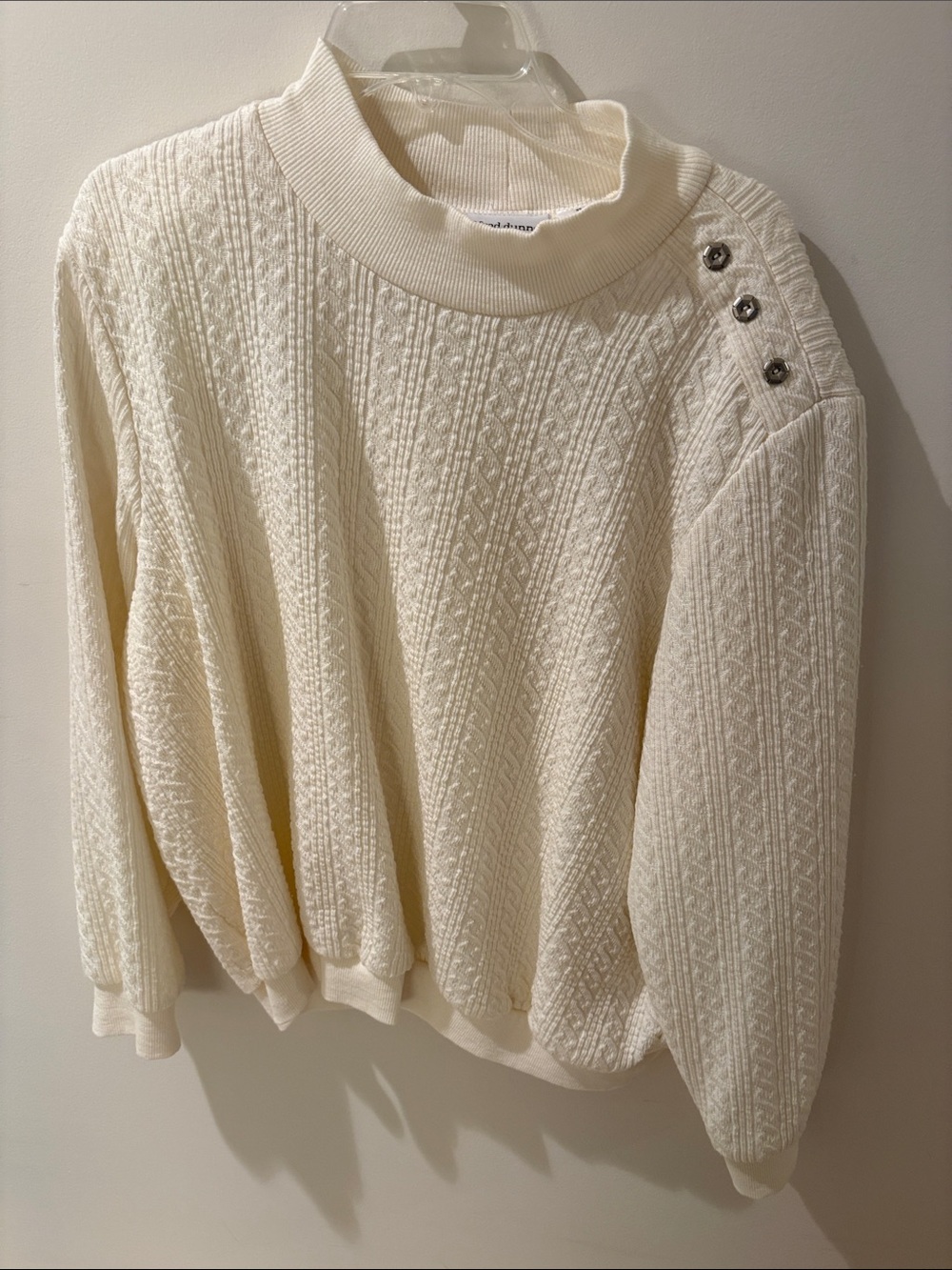 Alfred Dunner Cream Cable Knit Mock Neck Sweater with Shoulder Buttons